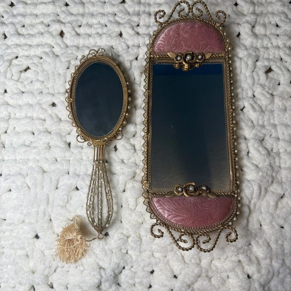 VTG Victorian Pink Brocade Filigree Vanity Tray & Hand Mirror Regency Romantic